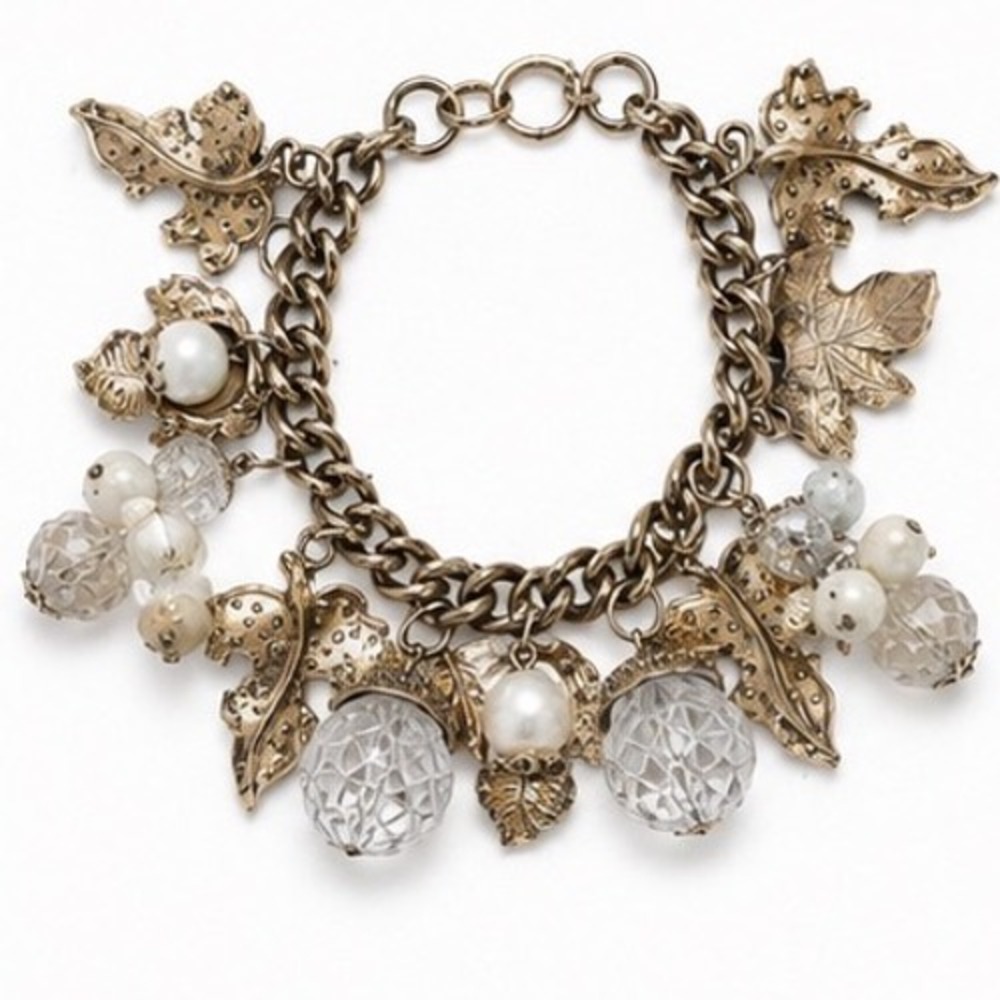 Botanical Leaf Gold Tone White Beaded Acorn Charm Bracelet Vintage